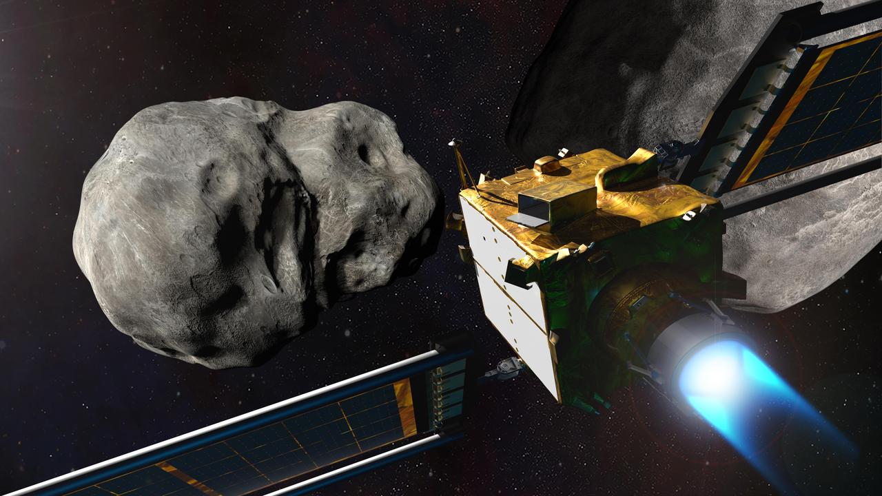 Illustration of NASA's DART spacecraft approaching the Didymos binary asteroid system — the same kinetic impactor concept proposed for deflecting 2024 YR4